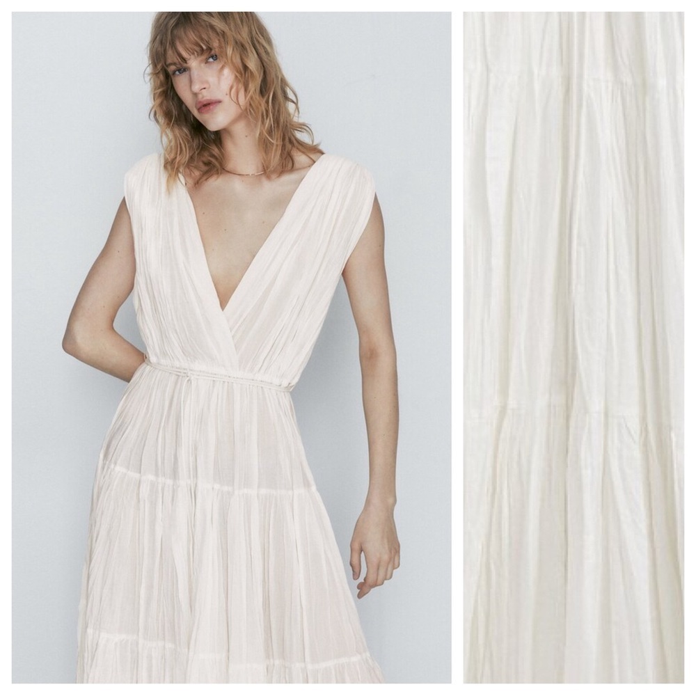 NWT. Massimo Dutti White 100% Cotton Pleated Midi Dress with Drawstring. Size L. - Picture 3 of 12
